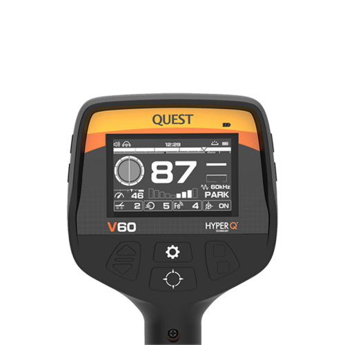 Display and buttons of the Quest V60 HyperQ Multifrequency Metal Detector.
