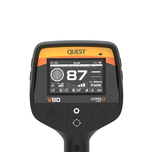 Display of the Quest V80 HyperQ Multifrequency Metal Detector.