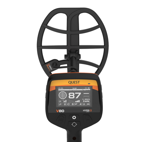 Quest V80 HyperQ multifrequency metal detector with focus on the Coil and display.