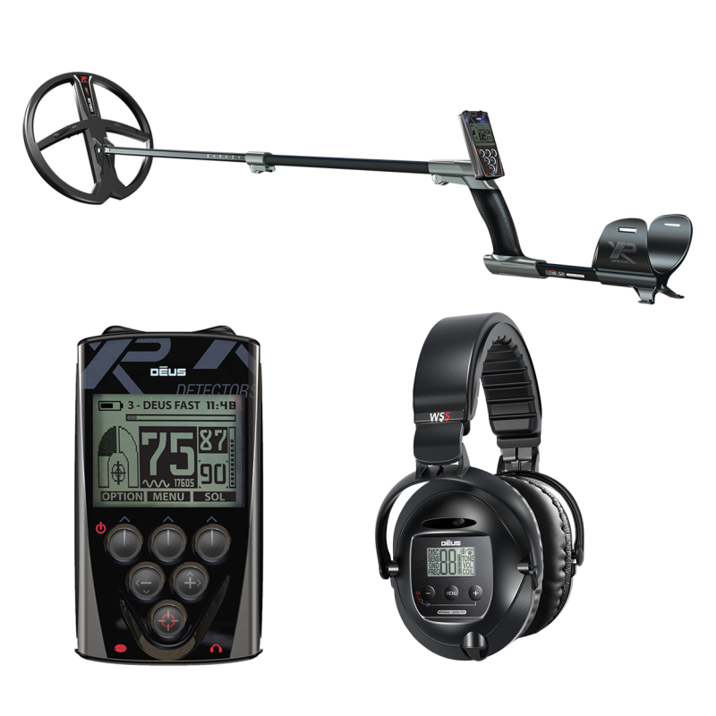 XP DEUS X35 28 RC WS5 complete set metal detector including remote control and headphones.