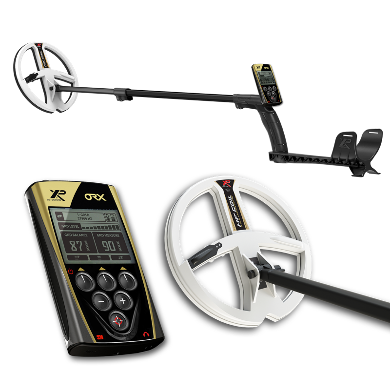 XP ORX 22 HF RC metal detector with larger view of Coil and remote control.
