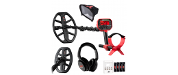 Minelab Vanquish 540 Pro package multifrequency metal detector with protective cap and headphones.