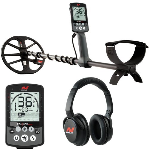 Minelab Equinox 800 multifrequency metal detector with larger view of the display, including headphones.