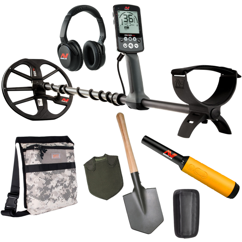 Minelab Equinox 800 multi-frequency metal detector complete set including headphones, field spade Pouch and pointer.