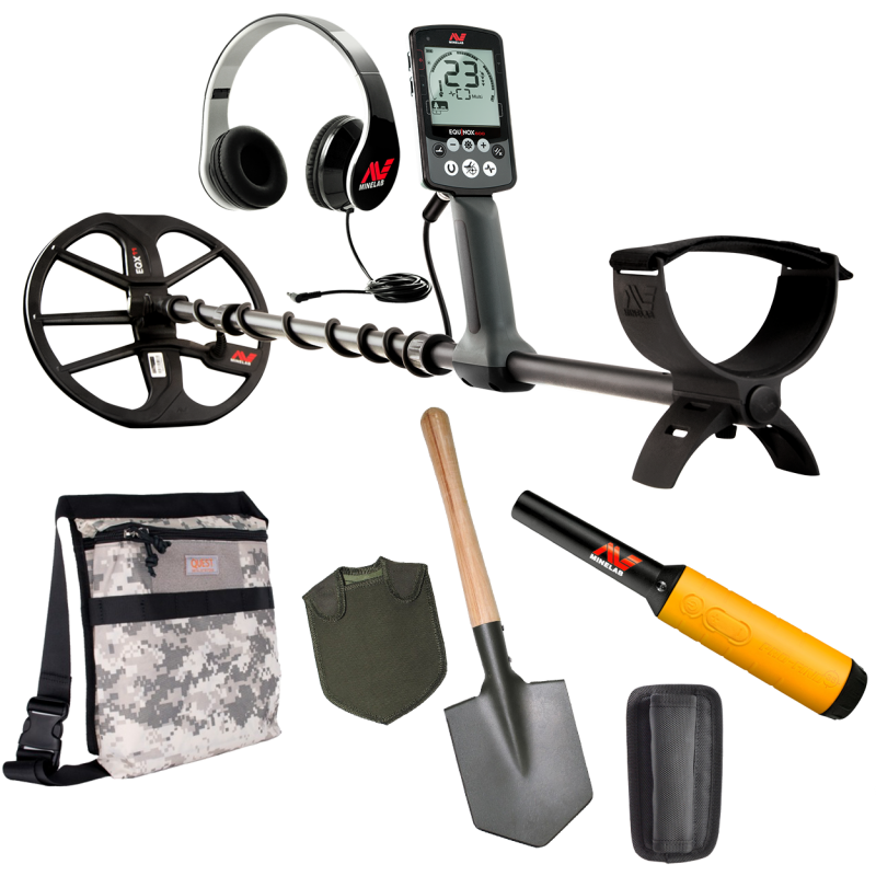 Minelab Equinox 600 multifrequency metal detector complete set including pinpointer, camo Pouch, field spade and headphones.