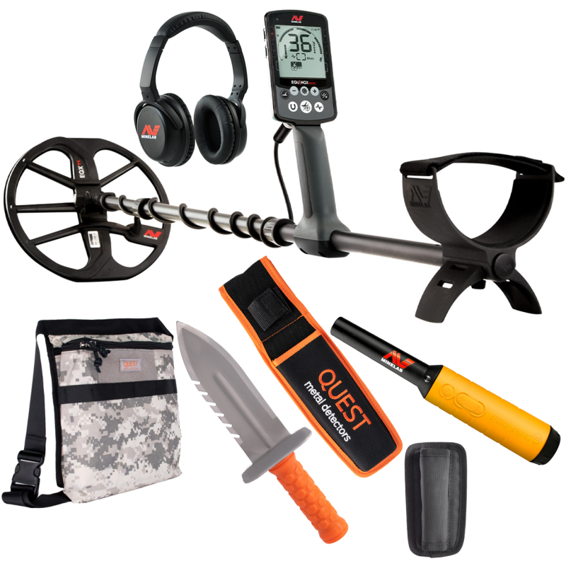 Minelab Equinox 800 multi-frequency metal detector complete set including camo Pouch, Digging knife and pinpointer.