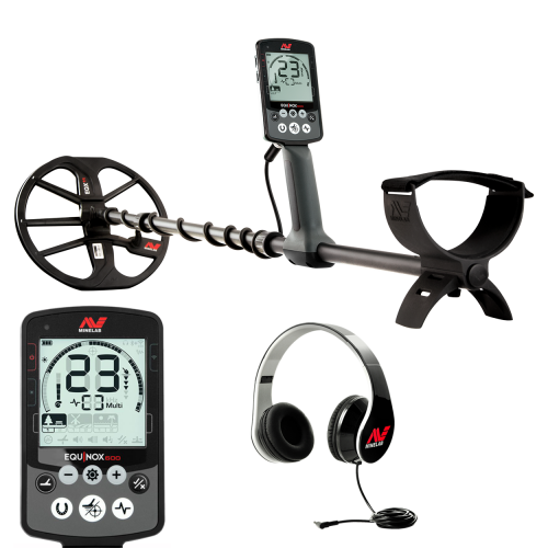 Minelab Equinox 600 multifrequency metal detector complete set with headphones and large view of the display.