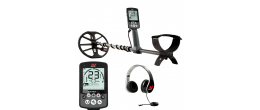 Minelab Equinox 600 multifrequency metal detector complete set with headphones and large view of the display.