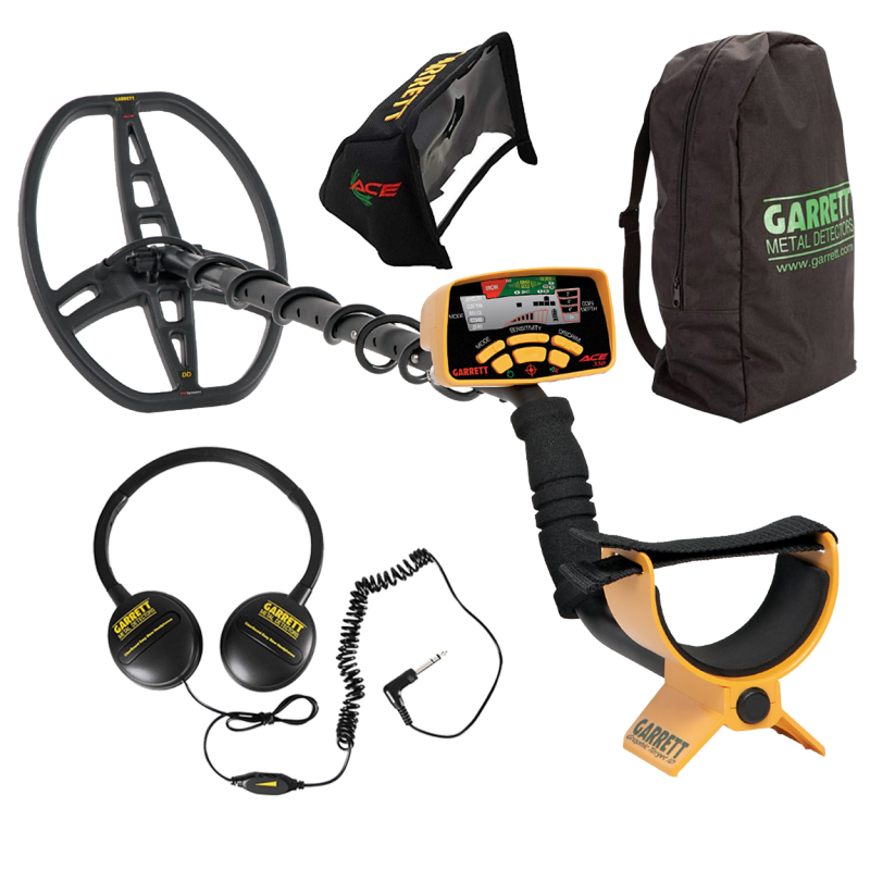 Garrett Euro Ace 350 metal detector including headphones, backpack, and cover for electronics housing.