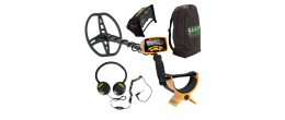 Garrett Euro Ace 350 metal detector including headphones, backpack, and cover for electronics housing.