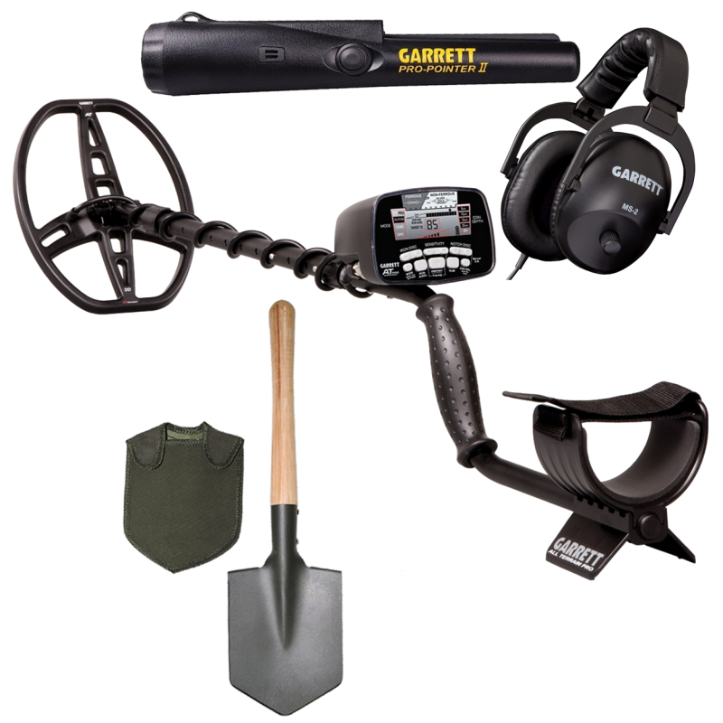 Garrett AT Pro metal detector set including pinpointer, headphones and field spade.