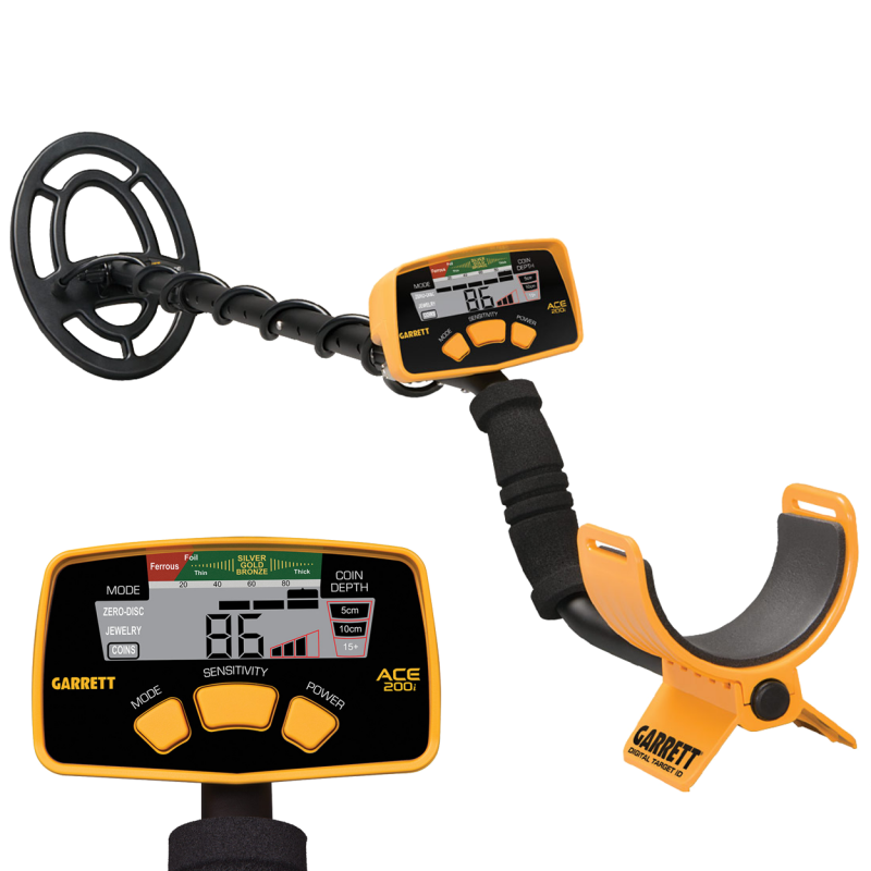 Garrett ACE 200i metal detector with enlarged view of the control unit.