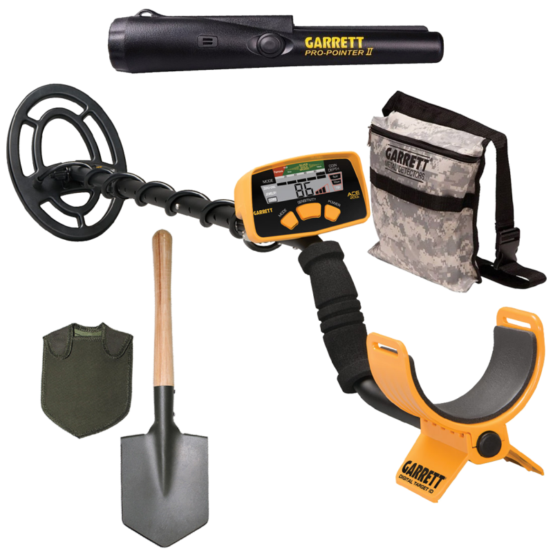 Garrett ACE 200i metal detector complete set with pinpointer, Pouch and field spade.