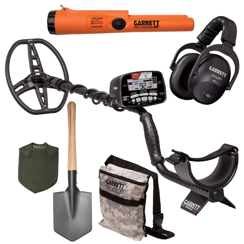 Garrett AT Max Z-Lynk metal detector complete set with Pouch, headphones, pinpointer and field spade.