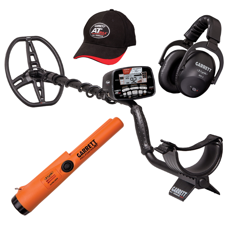 Garrett AT MAX metal detector, Garrett ProPointer AT Z-Lynk pinpointer , headphones and cap.