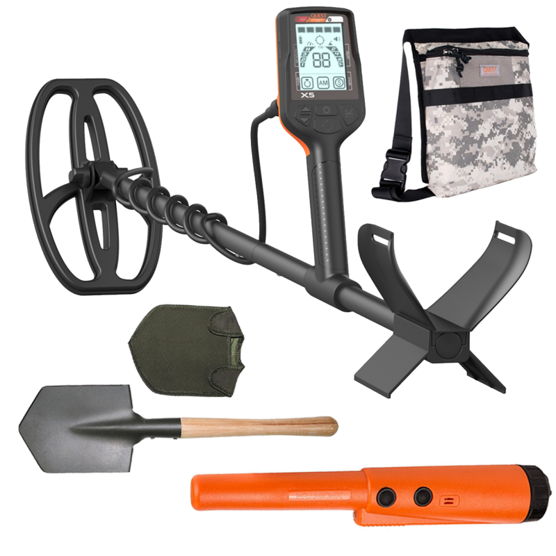 Quest X5 metal detector complete set with field spade and camo Pouch.
